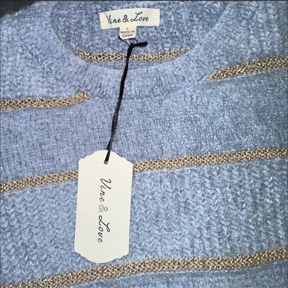 SALE Light Blue Gold Stripe Chunky Knit Soft Sweater Women's Large - Picture 2 of 9